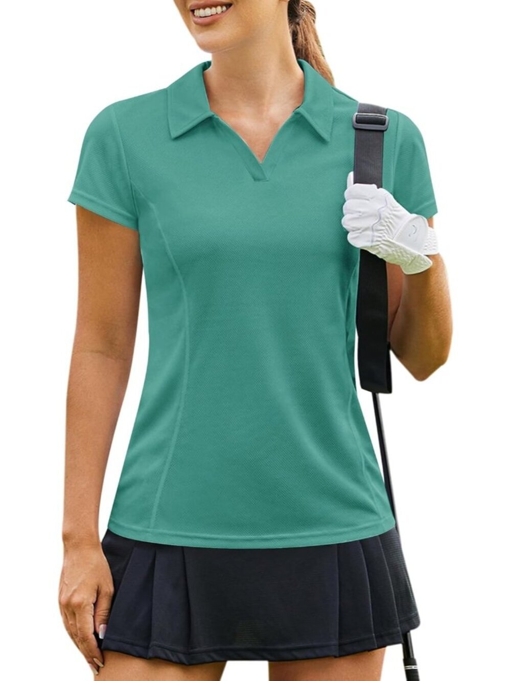 Women's Beryl Green Golf Shirt Short Sleeve Quick Dry V-Neck Tennis Tops Fit